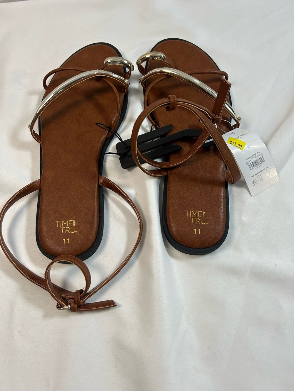 Time and Tru Brown Ankle Tie Sandals with Metallic Straps